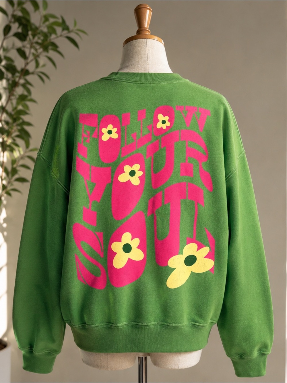 Urban Outfitters Green Graphic Crewneck Sweatshirt with Pink & Yellow Print